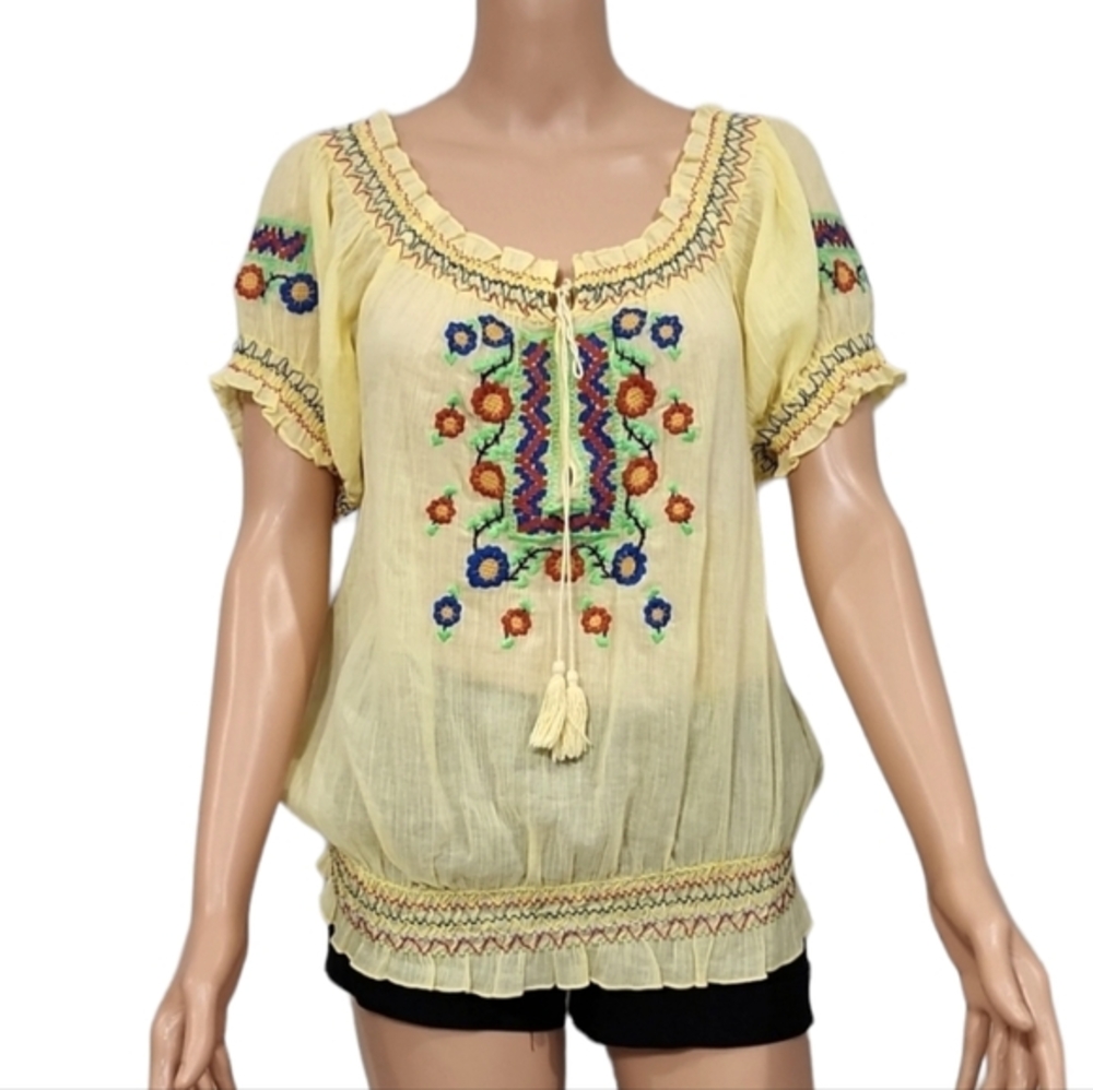 Joy Joy Shirt Womens S Yellow Embroider Off Shoulder Top‎ Blouse Bohemian Hippie